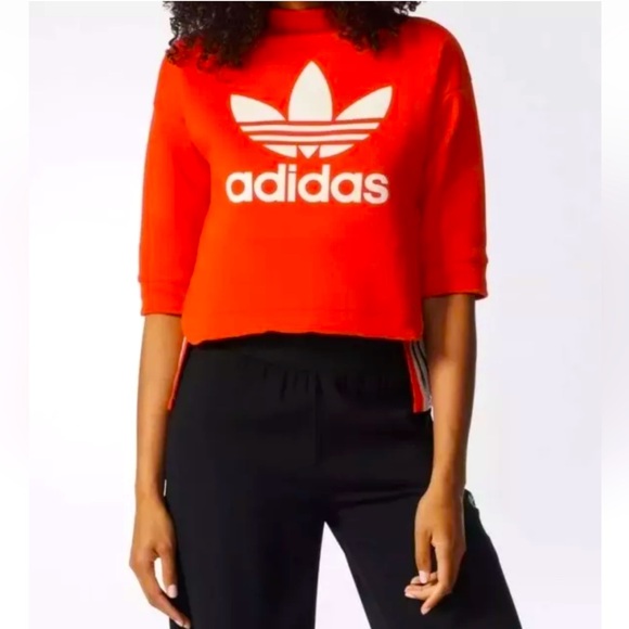 ADIDAS ORIGINAL Mock Neck 3/4 Sleeve Crop Sweatshirt Core Red Size XS - Picture 2 of 14